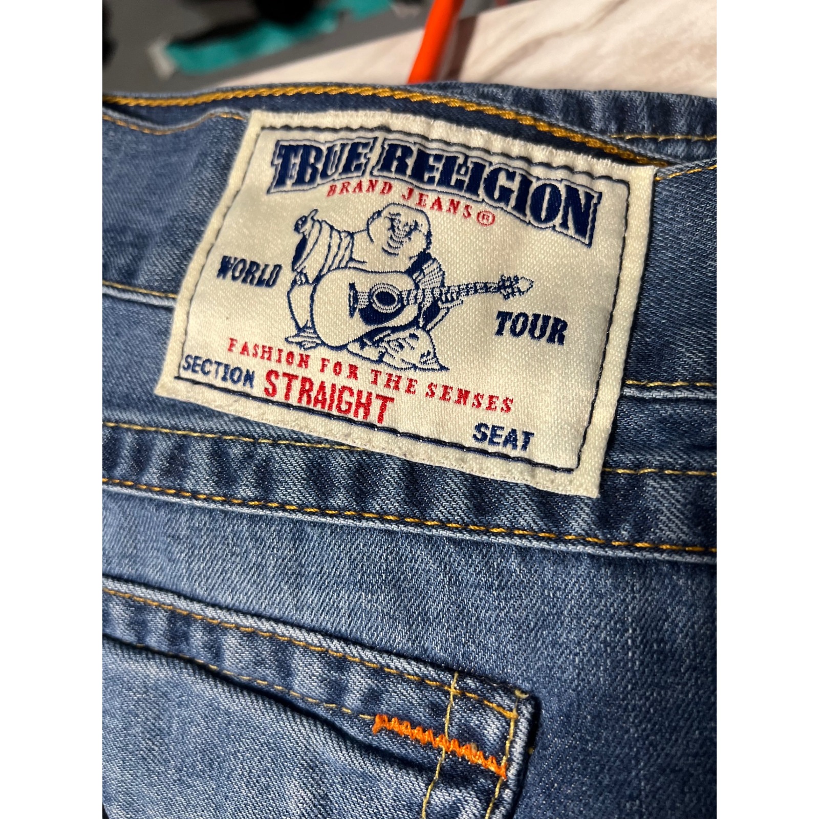 True Religion Mens Straight Section Jeans Blue Denim 42x34 Y2k Buddha Patch